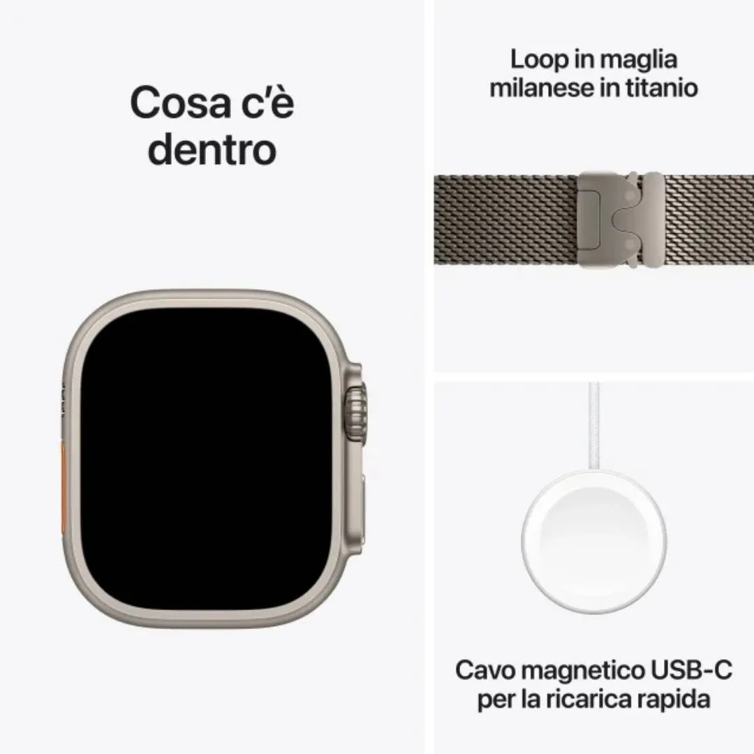 Apple Watch Ultra 3 (2025) 49mm, con cinturino in maglia milanese Titanio, fotografia 3