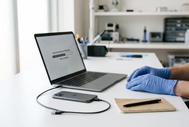 Un iPhone collegato al computer durante la cancellazione dei dati