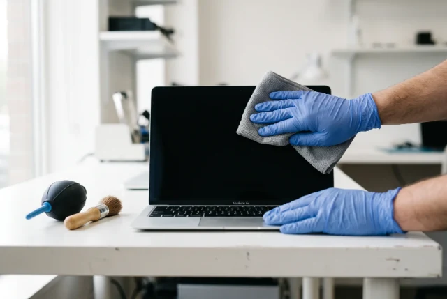 Lo schermo di un MacBook viene pulito con un panno in microfibra