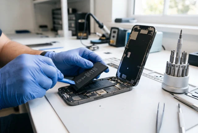 La batteria di un iPhone aperto viene sollevata sul banco