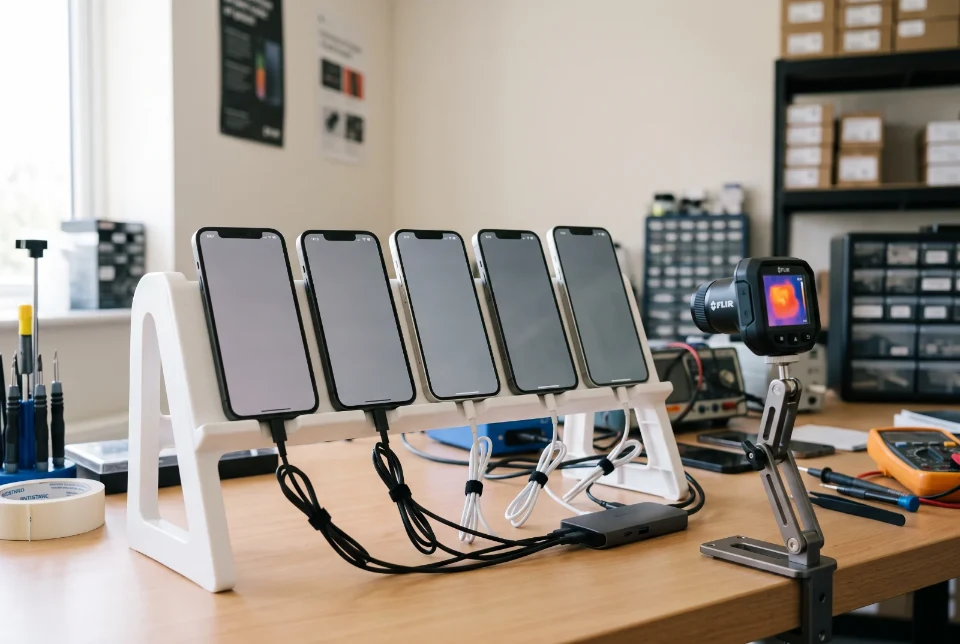 Sei iPhone accesi su un supporto, sotto una telecamera termica