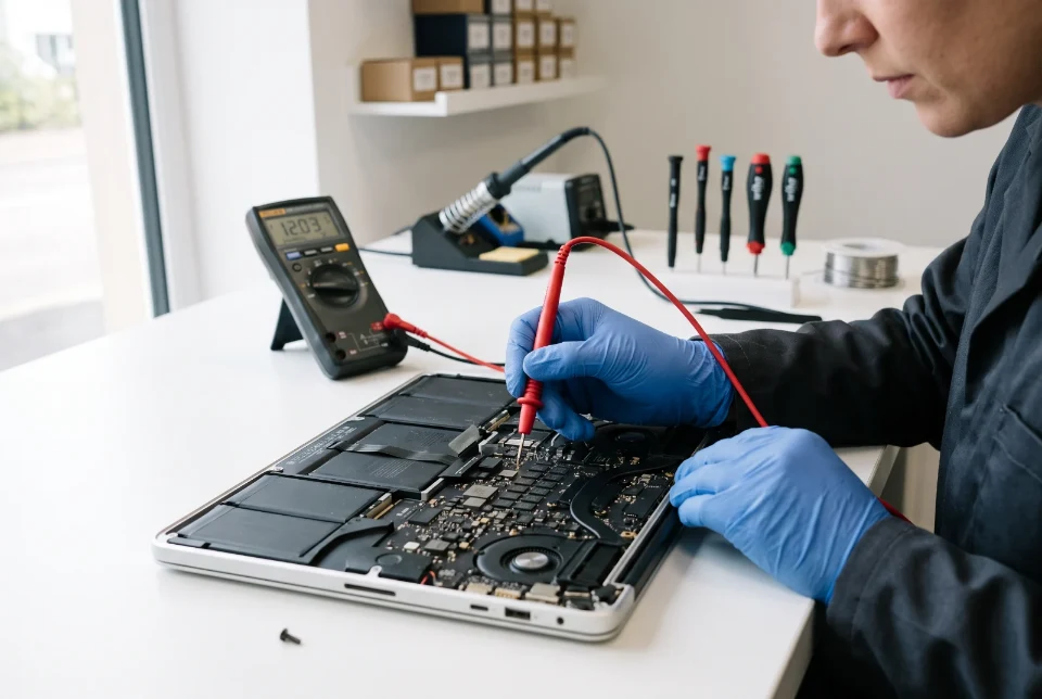 Un tecnico misura la scheda logica di un MacBook col multimetro