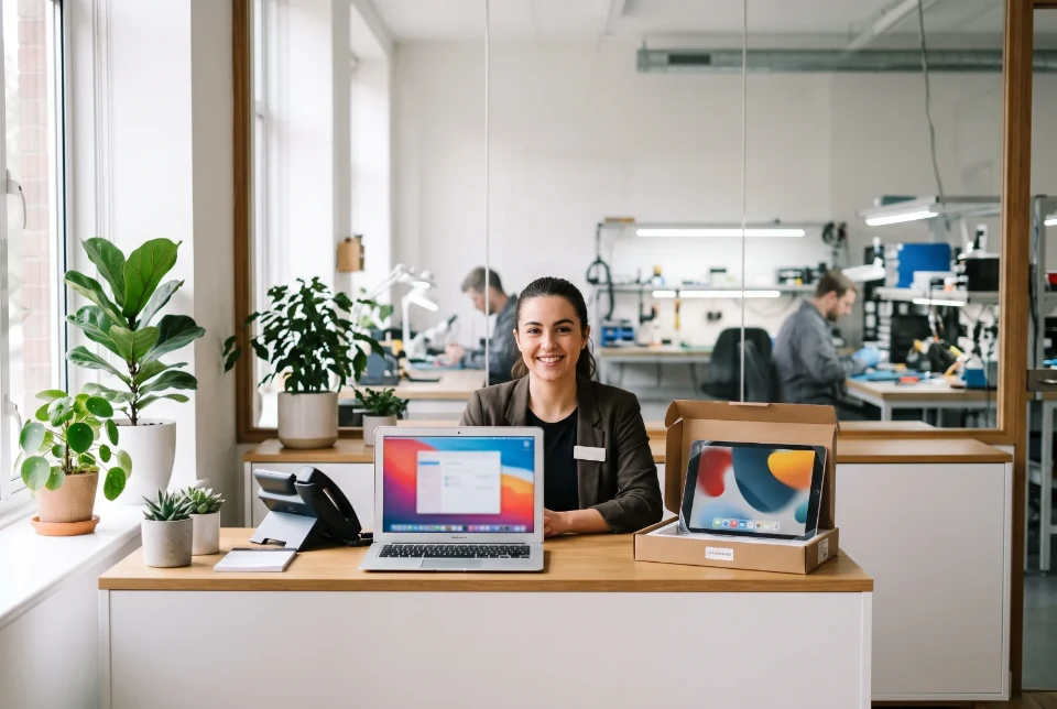 Il banco d'accoglienza della sede di Smart Generation, col laboratorio dietro