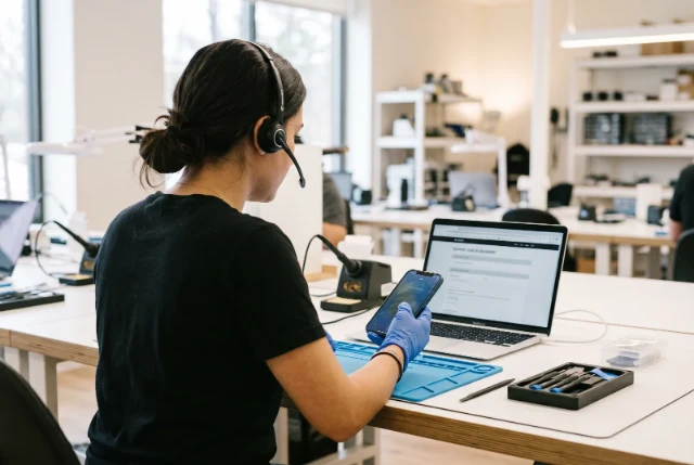 Una persona del team controlla i dati al banco
