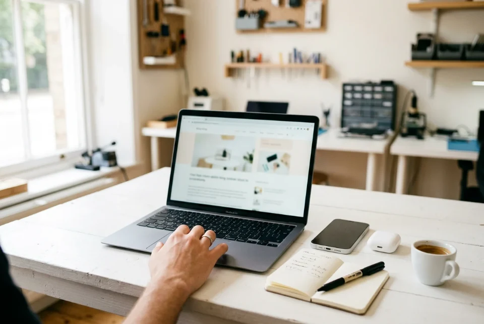 Una persona legge un articolo del blog su un MacBook, al banco del laboratorio
