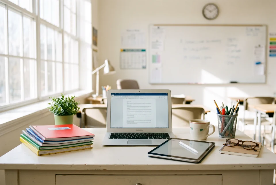 La scrivania di un insegnante con un MacBook Air, un iPad e i quaderni
