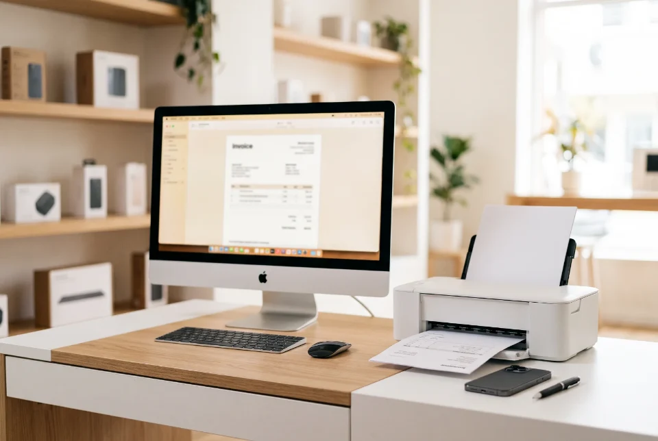 Una fattura sullo schermo di un iMac e la stampante che la stampa
