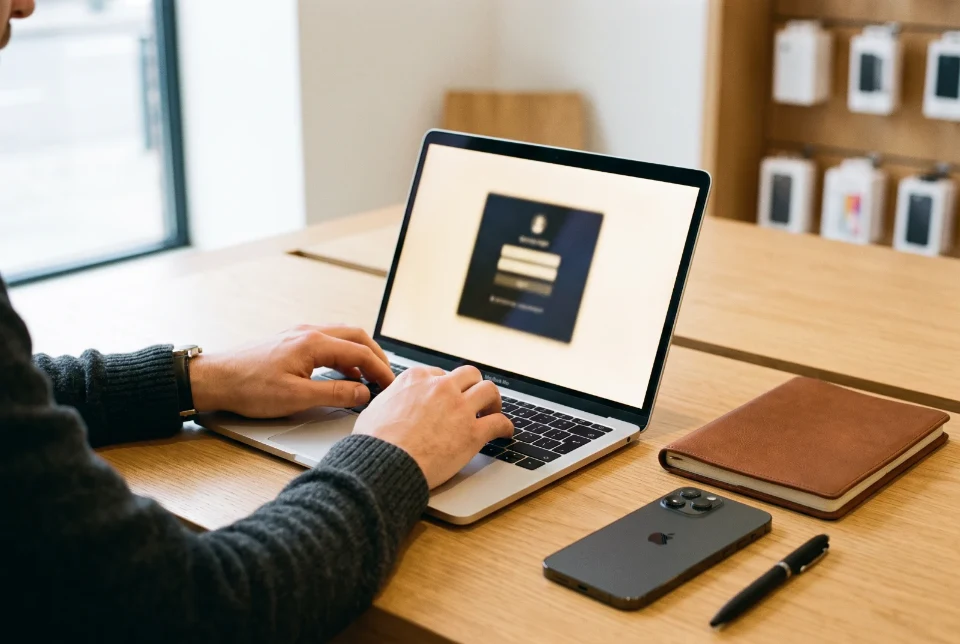 Due mani su un MacBook con la schermata di accesso, in un ufficio luminoso
