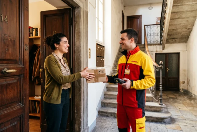 Un corriere DHL ritira un piccolo pacco alla porta di casa