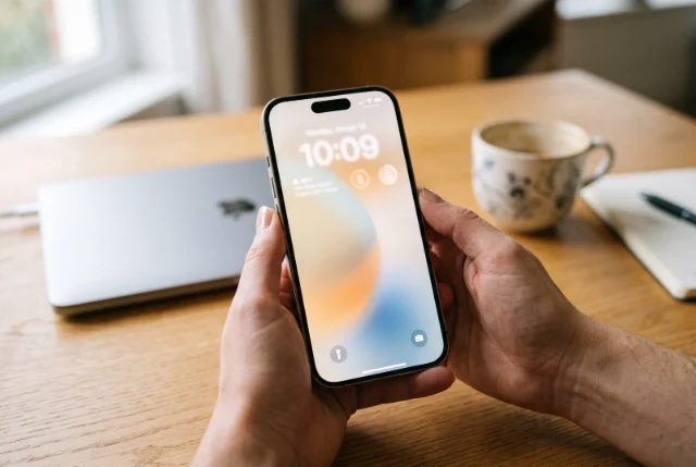 Due mani tengono un iPhone recente sopra una scrivania di casa, con lo schermo acceso