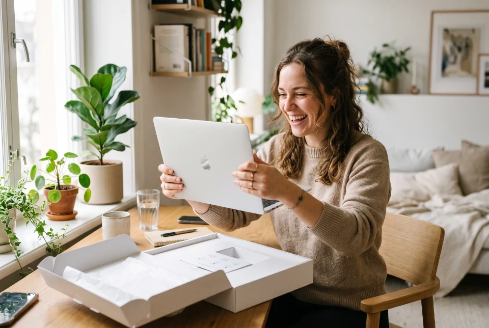 Una ragazza a casa apre la scatola del suo MacBook ricondizionato
